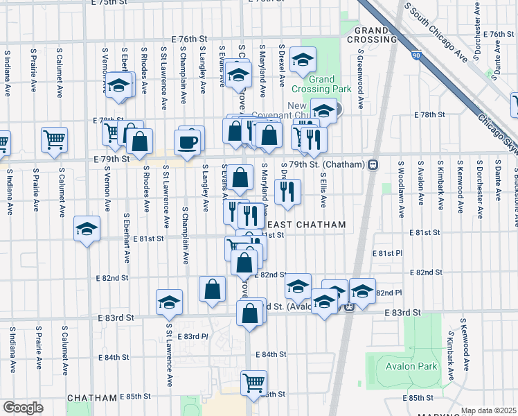 map of restaurants, bars, coffee shops, grocery stores, and more near 815 East 80th Street in Chicago