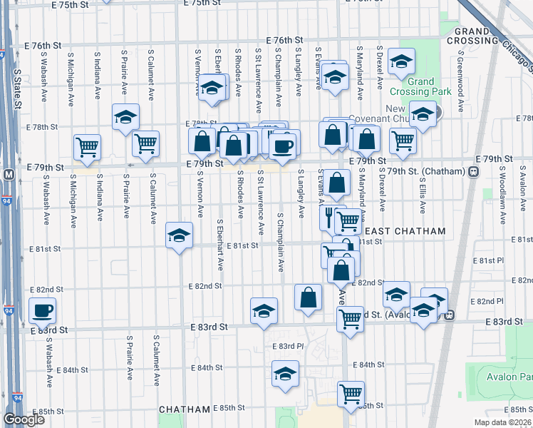 map of restaurants, bars, coffee shops, grocery stores, and more near 7958 South Champlain Avenue in Chicago