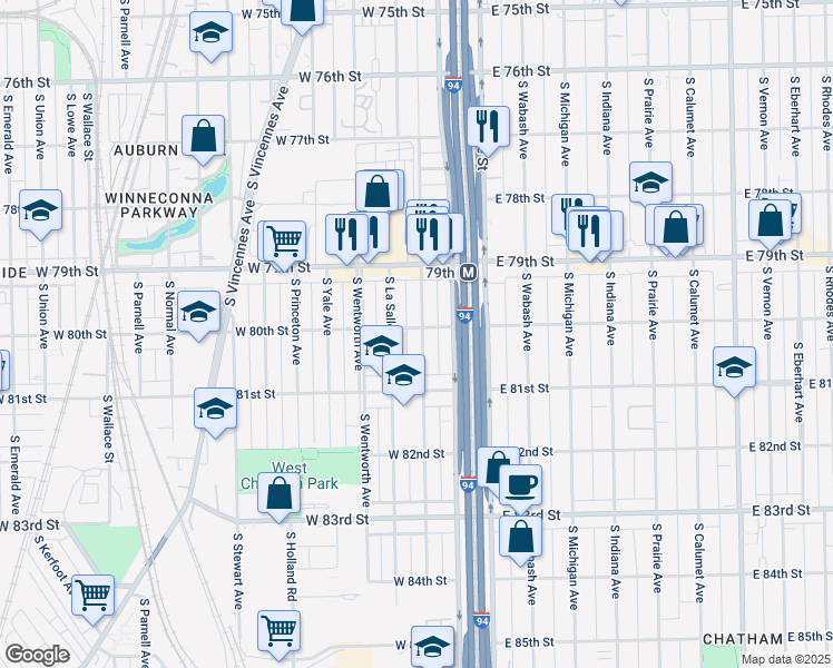 map of restaurants, bars, coffee shops, grocery stores, and more near 7943 South Perry Avenue in Chicago