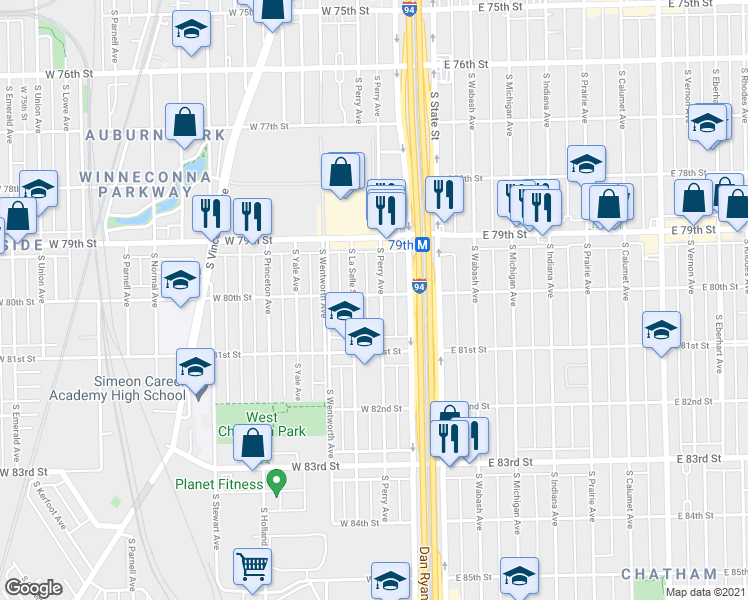 map of restaurants, bars, coffee shops, grocery stores, and more near 7943 South Perry Avenue in Chicago