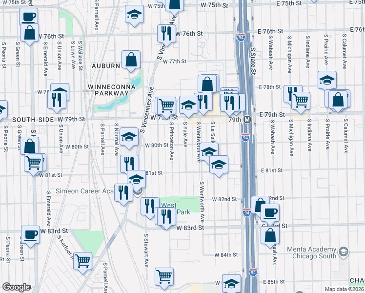 map of restaurants, bars, coffee shops, grocery stores, and more near 7945 South Princeton Avenue in Chicago