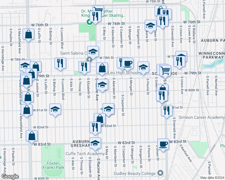 map of restaurants, bars, coffee shops, grocery stores, and more near 7931 South Aberdeen Street in Chicago