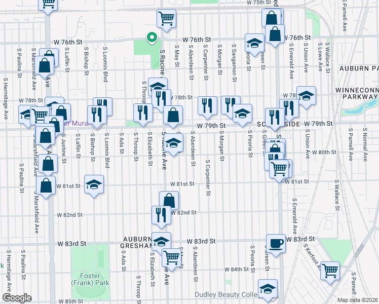 map of restaurants, bars, coffee shops, grocery stores, and more near 7931 South Aberdeen Street in Chicago