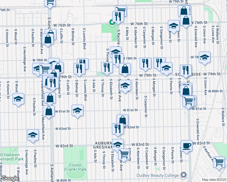 map of restaurants, bars, coffee shops, grocery stores, and more near 7932 South Racine Avenue in Chicago