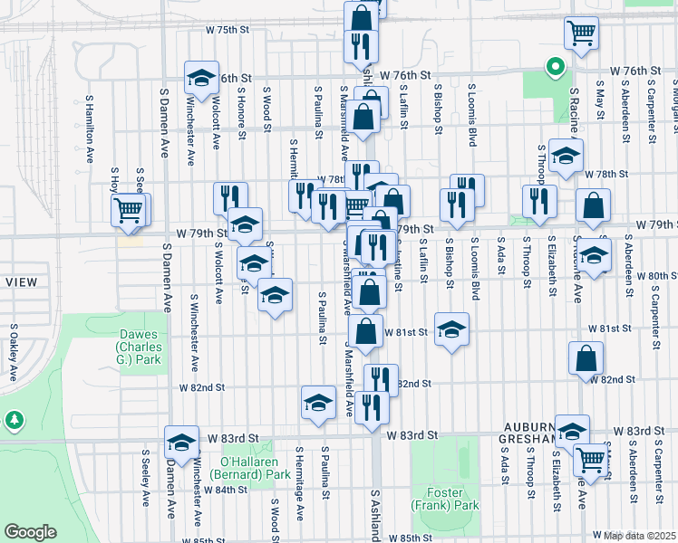 map of restaurants, bars, coffee shops, grocery stores, and more near 7927 South Marshfield Avenue in Chicago