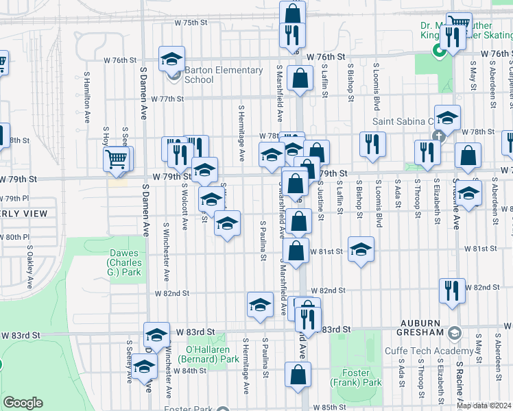 map of restaurants, bars, coffee shops, grocery stores, and more near 7926 South Paulina Street in Chicago