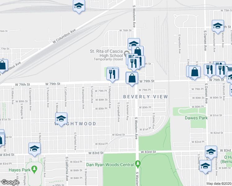 map of restaurants, bars, coffee shops, grocery stores, and more near 7914 South Campbell Avenue in Chicago