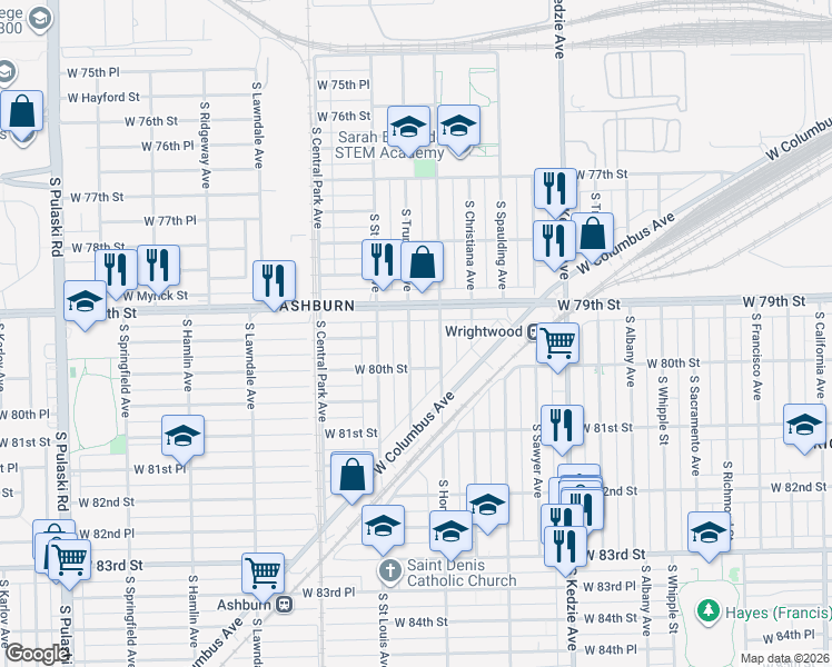 map of restaurants, bars, coffee shops, grocery stores, and more near 3417 West 79th Street in Chicago