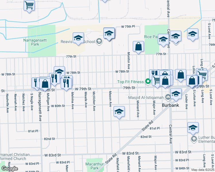 map of restaurants, bars, coffee shops, grocery stores, and more near 7840 Mason Avenue in Burbank