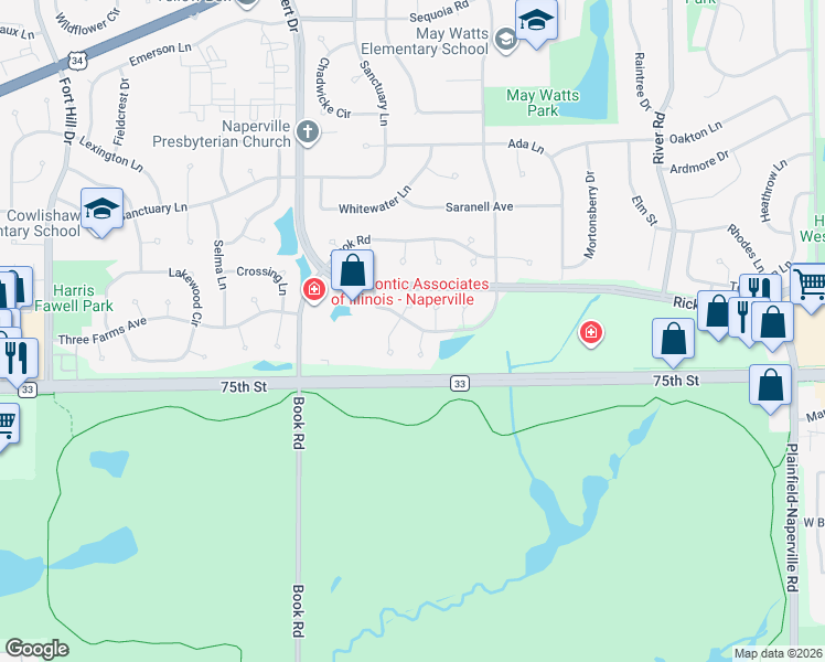 map of restaurants, bars, coffee shops, grocery stores, and more near 1128 Estes Court in Naperville