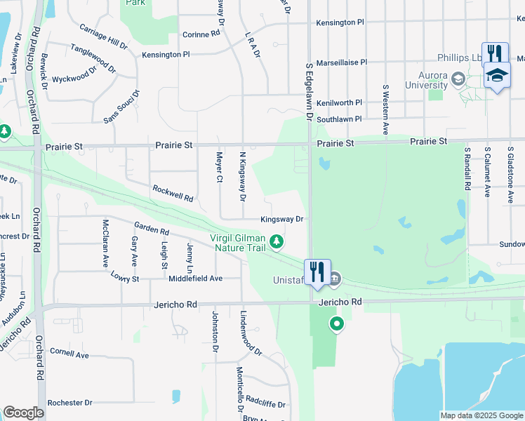map of restaurants, bars, coffee shops, grocery stores, and more near 1875 Kingsway Drive in Aurora