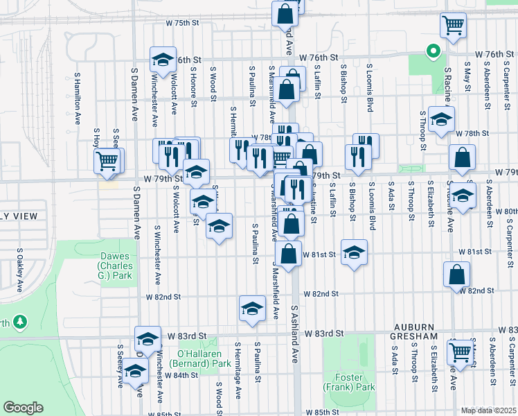 map of restaurants, bars, coffee shops, grocery stores, and more near 7949 South Paulina Street in Chicago