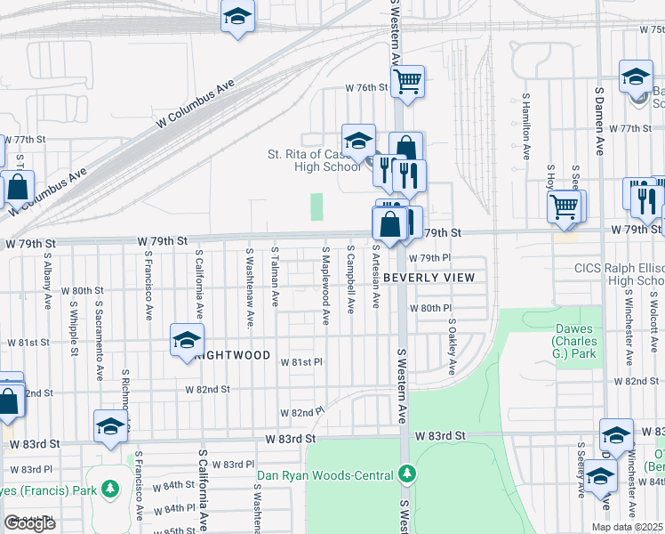 map of restaurants, bars, coffee shops, grocery stores, and more near 7937 South Maplewood Avenue in Chicago