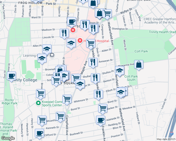 map of restaurants, bars, coffee shops, grocery stores, and more near 31 Pawtucket Street in Hartford