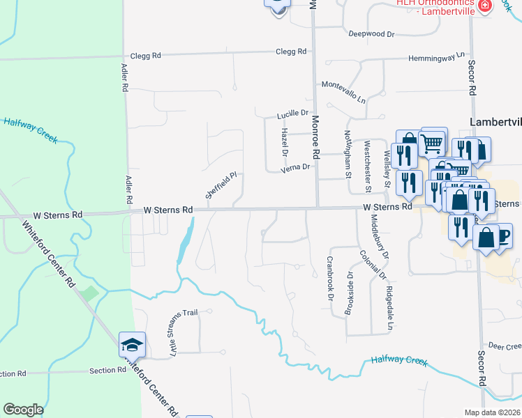 map of restaurants, bars, coffee shops, grocery stores, and more near 3946 West Sterns Road in Lambertville