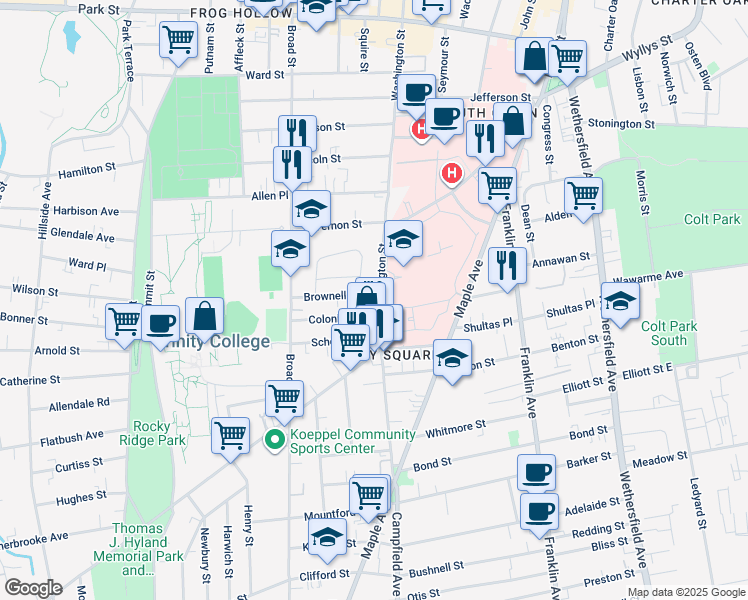 map of restaurants, bars, coffee shops, grocery stores, and more near 421 Washington Street in Hartford