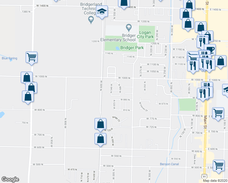 map of restaurants, bars, coffee shops, grocery stores, and more near 518 West 930 North in Logan