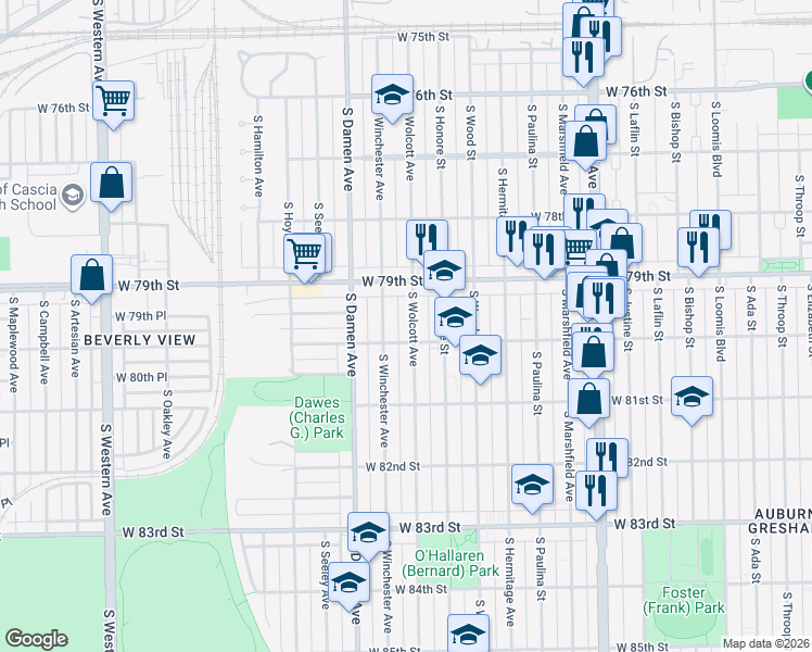 map of restaurants, bars, coffee shops, grocery stores, and more near 7944 South Wolcott Avenue in Chicago