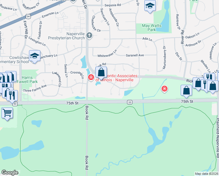 map of restaurants, bars, coffee shops, grocery stores, and more near 1296 Whispering Hills Drive in Naperville