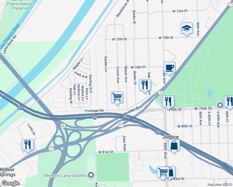map of restaurants, bars, coffee shops, grocery stores, and more near 7804 Cronin Avenue in Oak Lawn