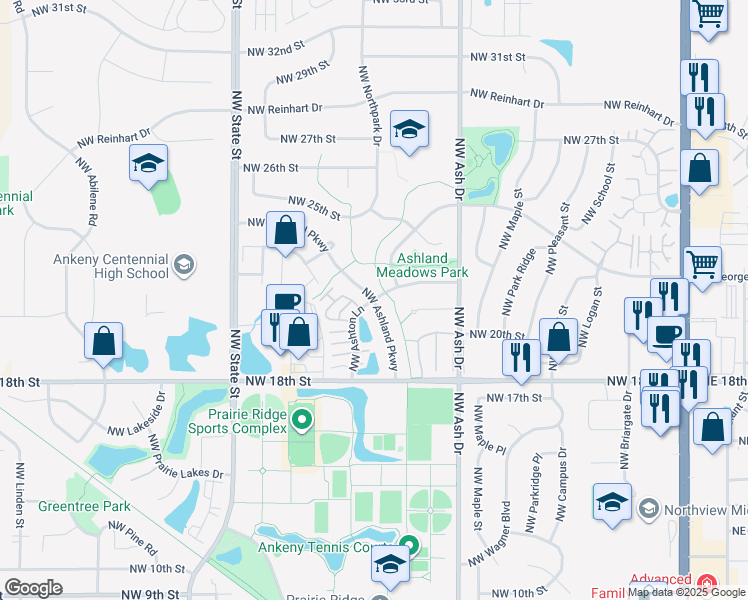 map of restaurants, bars, coffee shops, grocery stores, and more near 1525 Northwest 22nd Street in Ankeny