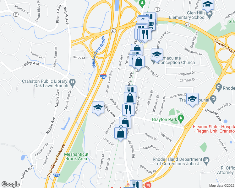 map of restaurants, bars, coffee shops, grocery stores, and more near 38 Turner Avenue in Cranston