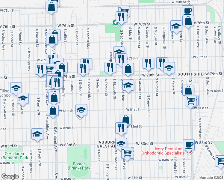 map of restaurants, bars, coffee shops, grocery stores, and more near 7928 South Elizabeth Street in Chicago