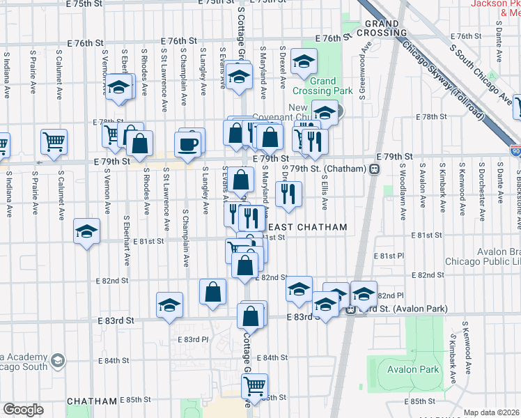 map of restaurants, bars, coffee shops, grocery stores, and more near 8014 South Maryland Avenue in Chicago