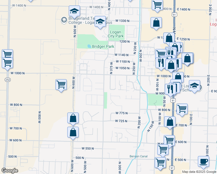 map of restaurants, bars, coffee shops, grocery stores, and more near 925 North 375 West in Logan