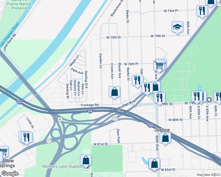 map of restaurants, bars, coffee shops, grocery stores, and more near 7804 Cronin Avenue in Oak Lawn