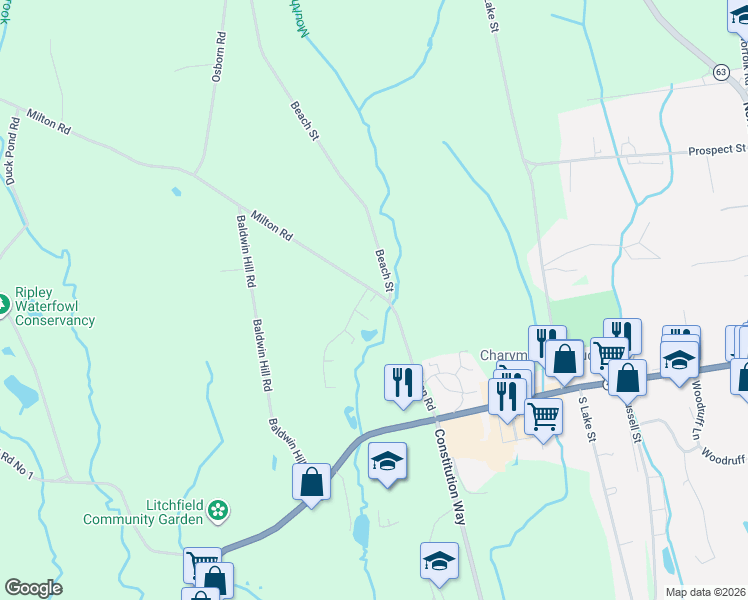 map of restaurants, bars, coffee shops, grocery stores, and more near 41 Milton Road in Litchfield