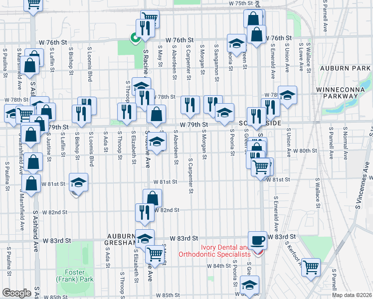map of restaurants, bars, coffee shops, grocery stores, and more near 7952 South Carpenter Street in Chicago