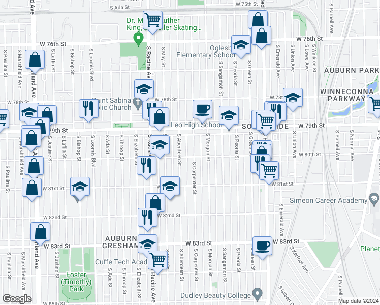 map of restaurants, bars, coffee shops, grocery stores, and more near 7952 South Carpenter Street in Chicago