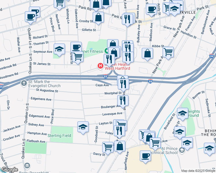 map of restaurants, bars, coffee shops, grocery stores, and more near 43 Caya Avenue in West Hartford