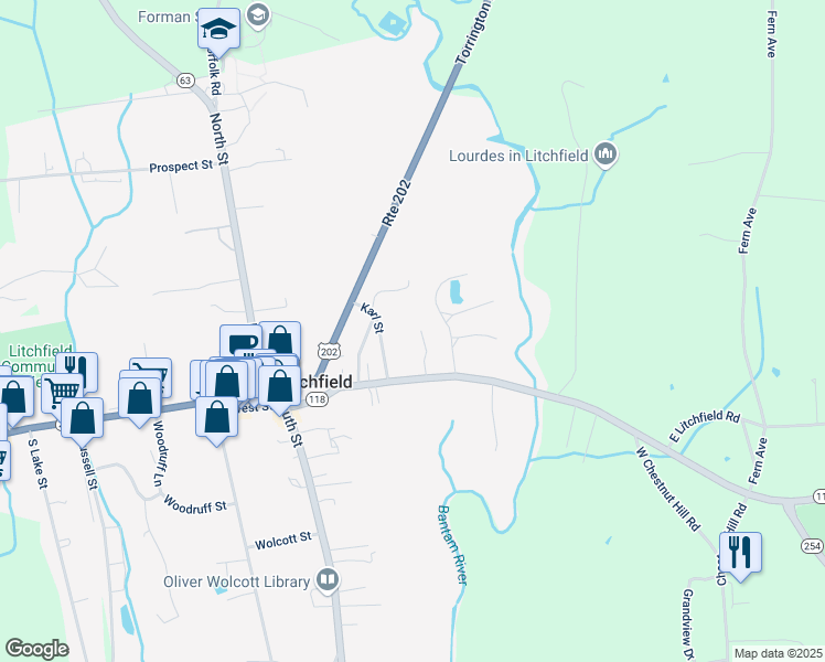 map of restaurants, bars, coffee shops, grocery stores, and more near 23 Holly House Court in Litchfield