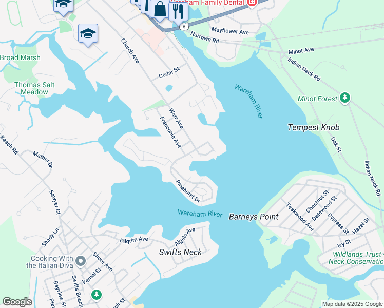 map of restaurants, bars, coffee shops, grocery stores, and more near 12 Norris Street in Wareham