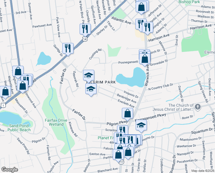 map of restaurants, bars, coffee shops, grocery stores, and more near in Warwick