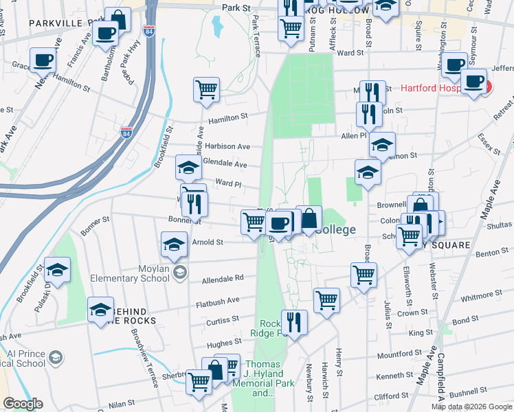 map of restaurants, bars, coffee shops, grocery stores, and more near 13 Ward Place in Hartford