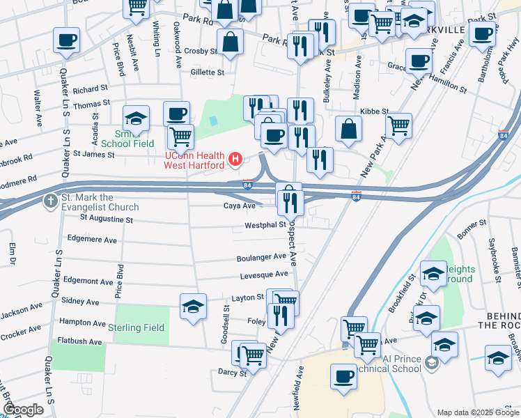 map of restaurants, bars, coffee shops, grocery stores, and more near 36 Caya Avenue in West Hartford