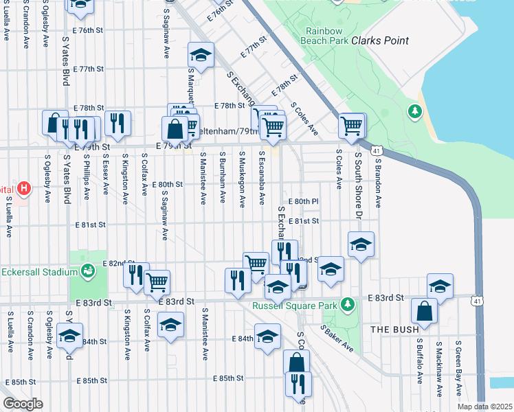 map of restaurants, bars, coffee shops, grocery stores, and more near 8017 South Muskegon Avenue in Chicago