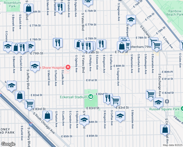 map of restaurants, bars, coffee shops, grocery stores, and more near 8014 South Phillips Avenue in Chicago