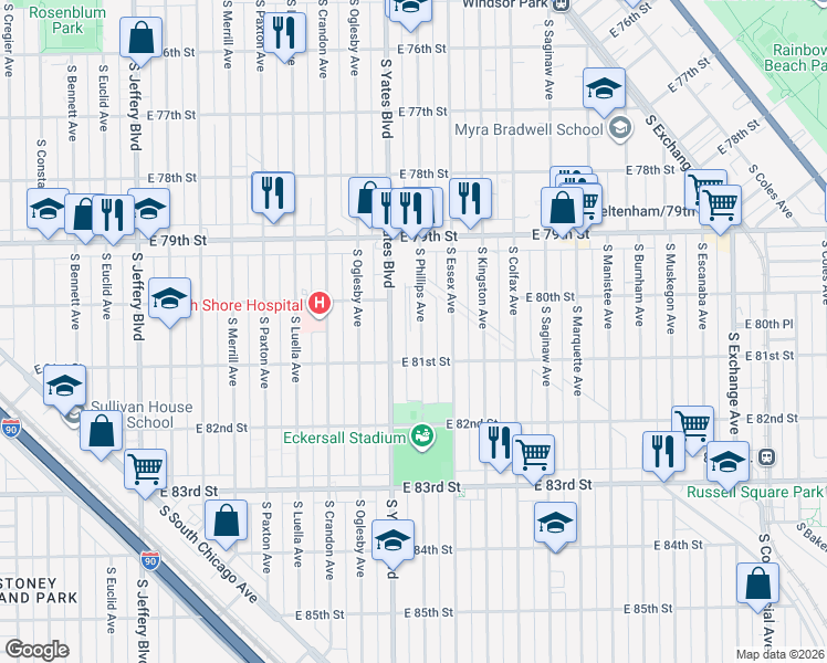 map of restaurants, bars, coffee shops, grocery stores, and more near 8014 South Phillips Avenue in Chicago