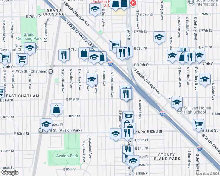 map of restaurants, bars, coffee shops, grocery stores, and more near 8001 South Blackstone Avenue in Chicago