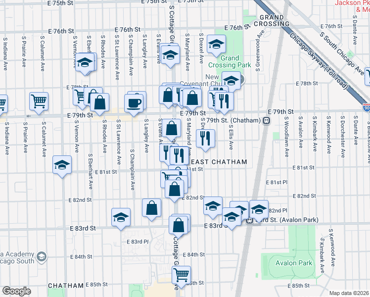 map of restaurants, bars, coffee shops, grocery stores, and more near 815 East 80th Street in Chicago