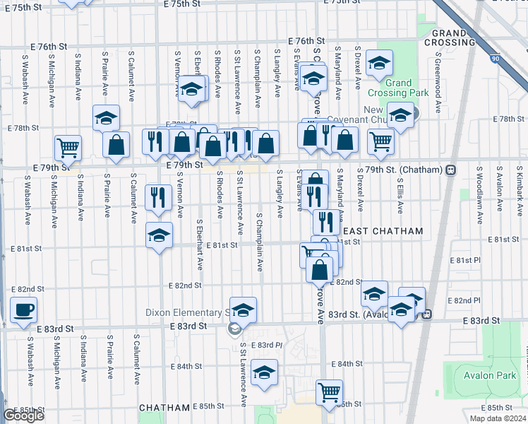 map of restaurants, bars, coffee shops, grocery stores, and more near 7958 South Champlain Avenue in Chicago