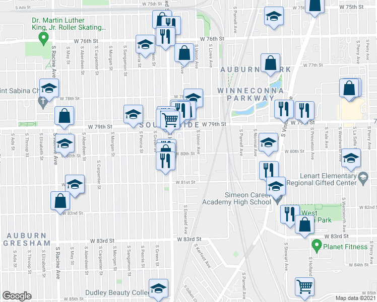 map of restaurants, bars, coffee shops, grocery stores, and more near 7940 South Union Avenue in Chicago
