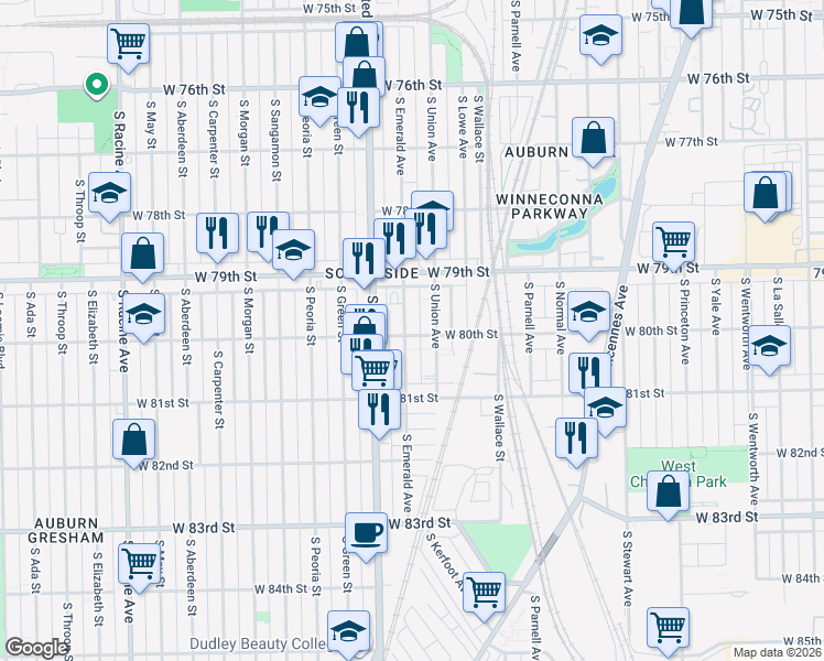 map of restaurants, bars, coffee shops, grocery stores, and more near 7940 South Union Avenue in Chicago