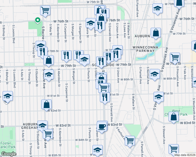 map of restaurants, bars, coffee shops, grocery stores, and more near 7937 South Green Street in Chicago