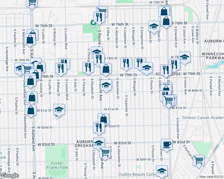 map of restaurants, bars, coffee shops, grocery stores, and more near 7926 South May Street in Chicago