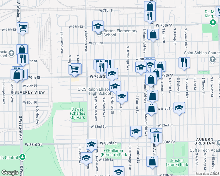 map of restaurants, bars, coffee shops, grocery stores, and more near 7923 South Wolcott Avenue in Chicago